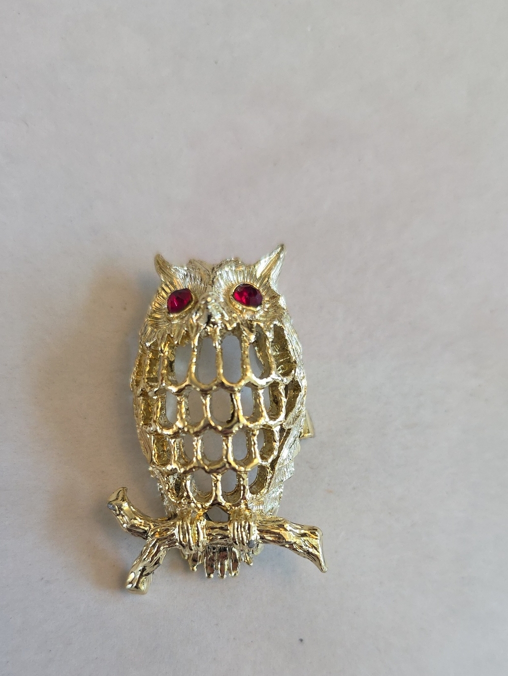 Signed Gold Owl Brooch with Ruby-Tone Eyes - Women's Jewelry
